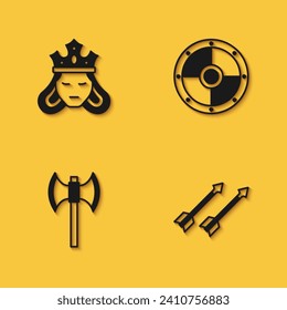 Set Princess or queen, Medieval arrows, poleaxe and Round shield icon with long shadow. Vector