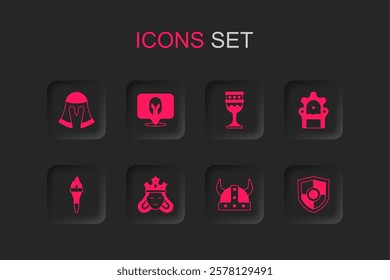 Set Princess or queen, Medieval helmet, Viking horned, throne, Shield, goblet and Torch flame icon. Vector