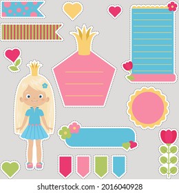 Set of princess stickers. Collection of cute princess labels in cartoon style. Vector art