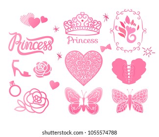Set of princess symbols: inscription, crown, shoe, fairy-tale icons. Design pink elements for girls. Vector illustration isolated on white background.