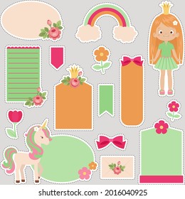 Set of princess and unicorn stickers. Collection of cute princess and unicorn labels in cartoon style. Vector art