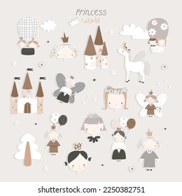 Set of princess world for birthday party, baby shower, clothes. Childish fairy tale collection. Vector hand drawn illustration.