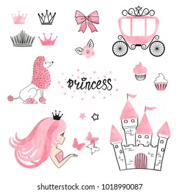 Set of Princess world design elements isolated on white. Vector illustration.