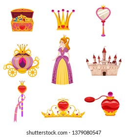 Set Princess World elements and attributes of design. Castle, mirror, carriage, a magic wand, treasure chest, perfume, crown. Vector, illustration, cartoon style, isolated