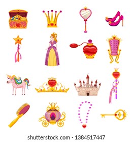 Set Princess World elements and attributes of design. Castle, mirror, throne, carriage, shoes, hairbrush, magic wand, treasure chest, tiara, perfume, key, crown. Vector, illustration, cartoon style