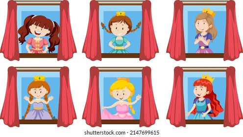 Set of princesses by the window illustration