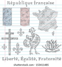 set of principal symbols of French Republic, flag, map and slogan