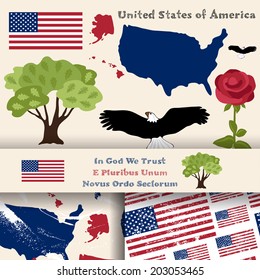Set of principal symbols of United States of America, map, flag and slogan. 2 seamless patterns with american flag and map. 