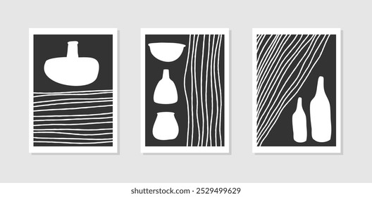 Set print art wall decor flowers vase and line, black and white