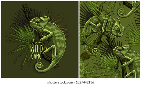 Set of print and camouflage seamless wallpaper pattern. Chameleon on the branch and exotic palm leaves. Textile composition, hand drawn style print. Vector illustration.