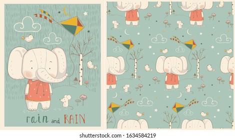 Set of print with Cute cartoon Elephant and seamless pattern. hand drawn vector illustration.