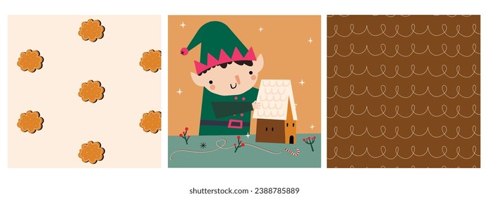 A set of print with a Cute Christmas Gnome, a baking Gingerbread House and seamless Patterns with Cookies and Springs. New Year and Christmas attributes vector flat illustration. Traditional winter ho