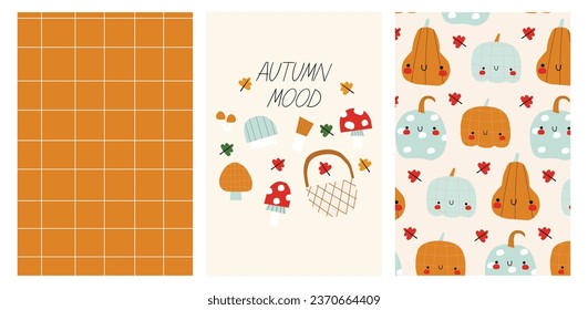 Set of print with cute mushrooms, leaves, basket and patterns. Checkered pattern and pattern with  pumpkins . Baby autumn collection.Baby autumn collection.