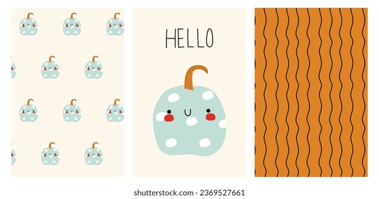 Set of print with cute pumpkin and patterns. Abstract pattern and patterns with different mushrooms, pumpkins, basket and acorn. Baby autumn collection.