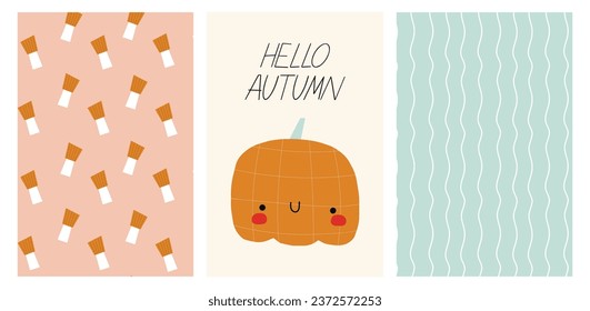 Set of print with cute pumpkin and patterns. Abstract pattern and patterns with different mushrooms, pumpkins, basket and acorn. Baby autumn collection.