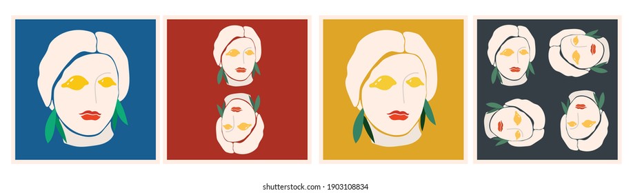 Set of print designs with a lady's face with lemon instead of eyes. Funny vector woman portrait for printing on t-shirts, bags, notebooks, postcards. Sicilian colors. Ancient Greek sculpture