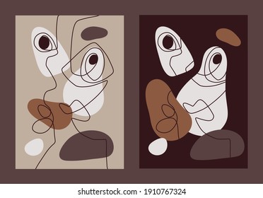 Set Print of eight abstract face. Crazy in Love with kiss. Posters with surreal shapes for the interior. Line, point, shape on a plane. Surreal painting for the interior. Psychology, cosmetology, art.