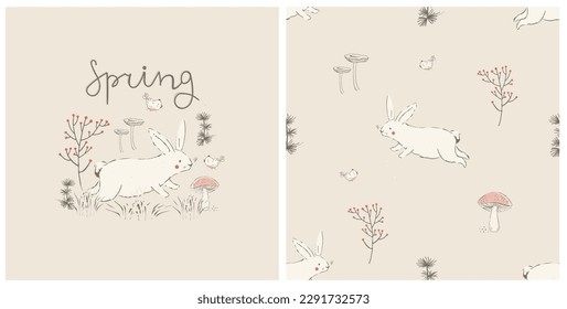 Set of print with forest animal's and Seamless pattern: bunny bird's. Hand drawn vector illustration. Can be used for kids fabric, textile, nursery wallpaper.