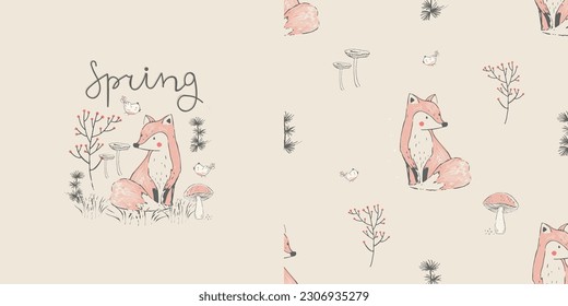 Set of print with forest animal's and Seamless pattern: fox,bird's. Hand drawn vector illustration. Can be used for kids fabric, textile, nursery wallpaper.