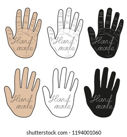 Set of print of hand of human in different styles with the inscription "Hand made". Vector illustration.