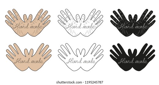Set of print of hand of human in different styles with the inscription "Hand made". Vector illustration.