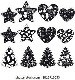 Set of Print Hand-drawing silhouette background collection. Vector heart, star, pine tree decoration. Element for design.