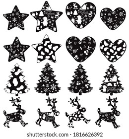 Set of Print Hand-drawing silhouette background collection. Vector heart, star, pine tree decoration. Element for design.