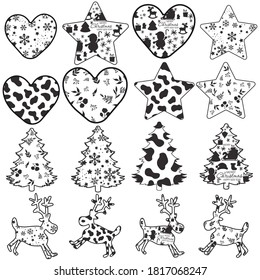 Set of Print Hand-drawing silhouette background collection. Vector heart, deer, star, pine tree decoration. Element for design.