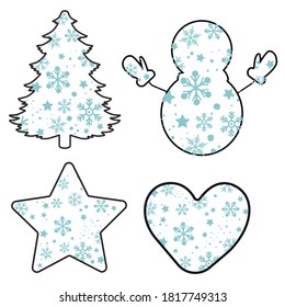 Set of Print Hand-drawing silhouette background collection. Vector heart, star, pine tree, snowman decoration. Element for design.