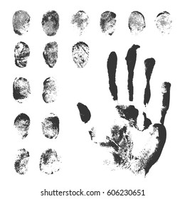 Set of a print a human finger and handprint. Black ink fingerprints on white background in vector. 