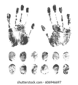 Set of a print a human finger and handprint. Black ink fingerprints on white background in vector. 