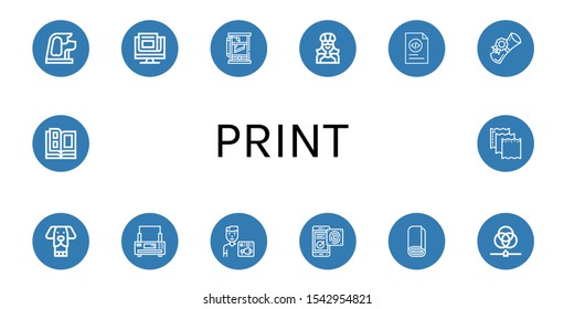 Set of print icons. Such as Dog, News, Guillotine, Biker, Coding, Diploma, Printer, News admin, Fingerprint identification, Roll, Rgb, Catalog, Paper , print icons