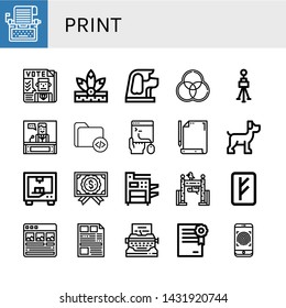 Set of print icons such as Typewriter, Newspaper, Native american, Dog, Rgb, Tripod, News, Coding, Paper, d printing, Certificate, Photocopier, Zoo, Rune, Article, Fingerprint , print