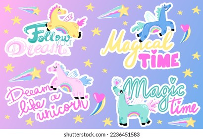 Set with print magic horses. Illustration for kids, t-shirt, kids, stickers, stationery other design.