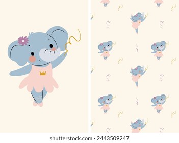 Set of print and pattern with a cute baby elephant girl. Perfect for fabric, wallpaper, wrapping paper, scrapbooking projects.