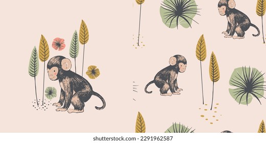 Set of print with safari animal's cute little mockney and Seamless pattern. Hand drawn vector illustration. Can be used for kids fabric, textile, nursery wallpaper.