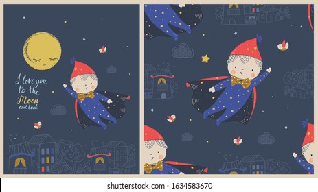 Set of print and seamless pattern with Cute Boy flying to the moon.cartoon hand drawn vector illustration. 