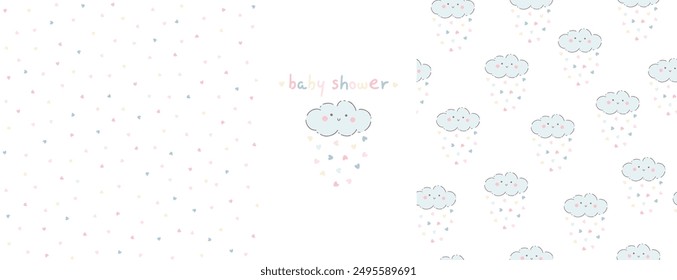 A set with a print and a seamless pattern of smiling raining clouds with confetti hearts. Baby shower simple nursery background with cute hand-drawn cartoon illustration in pastel palette