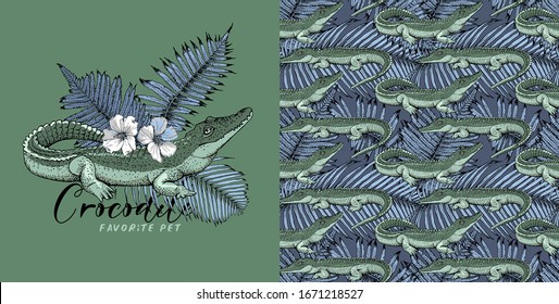 Set of print and Seamless wallpaper pattern. Green crocodile, Hibiscus flowers and blue fern leaves. Textile composition, t-shirt design, hand drawn style print. Vector illustration.