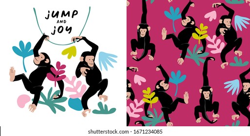 Set of print and Seamless wallpaper pattern. Funny Cartoon Monkey Characters. Jump and joy – lettering quote. Textile composition, t-shirt design, hand drawn style print. Vector illustration.