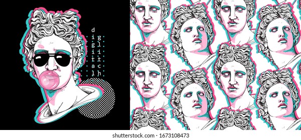 Set of print and seamless wallpaper pattern. Apollo Plaster head statue with a geometry form. Cyberpunk glitch art. Textile composition, t-shirt design, hand drawn style print. Vector illustration.