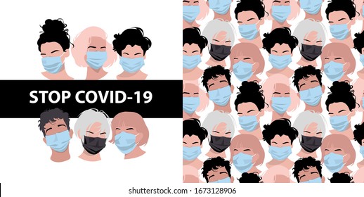 Set of print and Seamless wallpaper pattern. Abstract faces of people in a protective medical mask. Different Characters. Textile composition, hand drawn style print. Vector illustration.