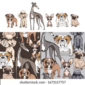 Set of print and Seamless wallpaper pattern. Funny Cartoon dogs and puppies Characters. Bulldog, Poodle, Greyhound, Chihuahua, Pug. Textile composition, hand drawn style print. Vector illustration.