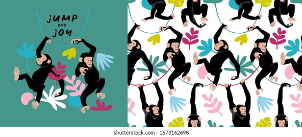 Set of print and Seamless wallpaper pattern. Funny Cartoon Monkey Characters. Jump and joy – lettering quote. Textile composition, t-shirt design, hand drawn style print. Vector illustration.