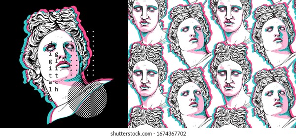 Set of print and seamless wallpaper pattern. Apollo Plaster head statue with a geometry form. Cyberpunk glitch art. Textile composition, t-shirt design, hand drawn style print. Vector illustration.