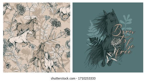 Set of print and seamless wallpaper pattern. Running horses and Herbarium wildflowers, cornflowers, herbs flowers and leaves. Textile composition, hand drawn style print. Vector illustration.