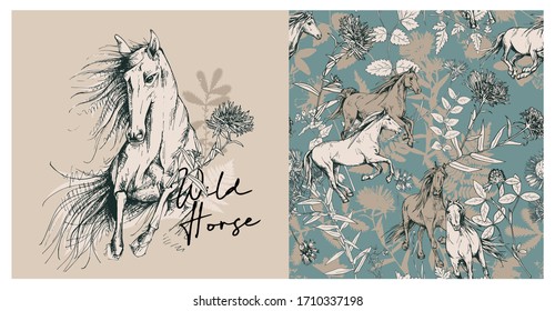 Set of print and seamless wallpaper pattern. Running horses and Herbarium wildflowers, cornflowers, herbs flowers and leaves. Textile composition, hand drawn style print. Vector illustration.