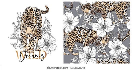 Set of print and seamless wallpaper pattern. Graceful leopard and exotic flowers, leaf and herbs. Wild Dreams - lettering quote. Textile composition, hand drawn style print. Vector illustration.