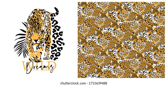 Conjunto de motivos de impresión y papel pintado sin problemas. Leopardo grácil y hoja de palma exótica. Sueños salvajes - cita con letras. Composición textil, impresión a mano. Ilustración vectorial.