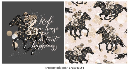 Set of print and seamless wallpaper pattern. The running beautiful horse and rider on a shine polka dot background. Textile composition, hand drawn style print. Vector illustration.